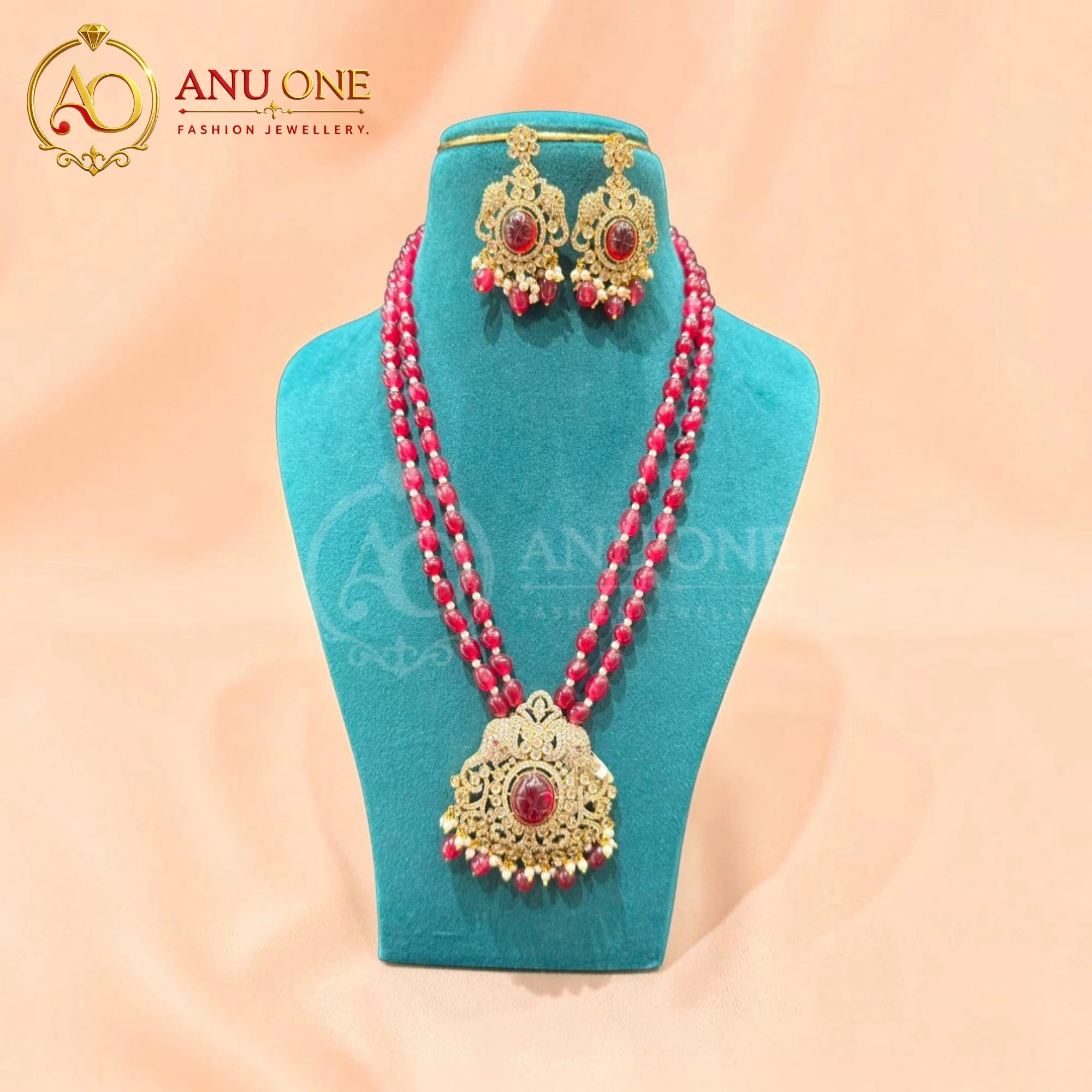 Ruby Red Beads Temple Necklace Set - Image 2