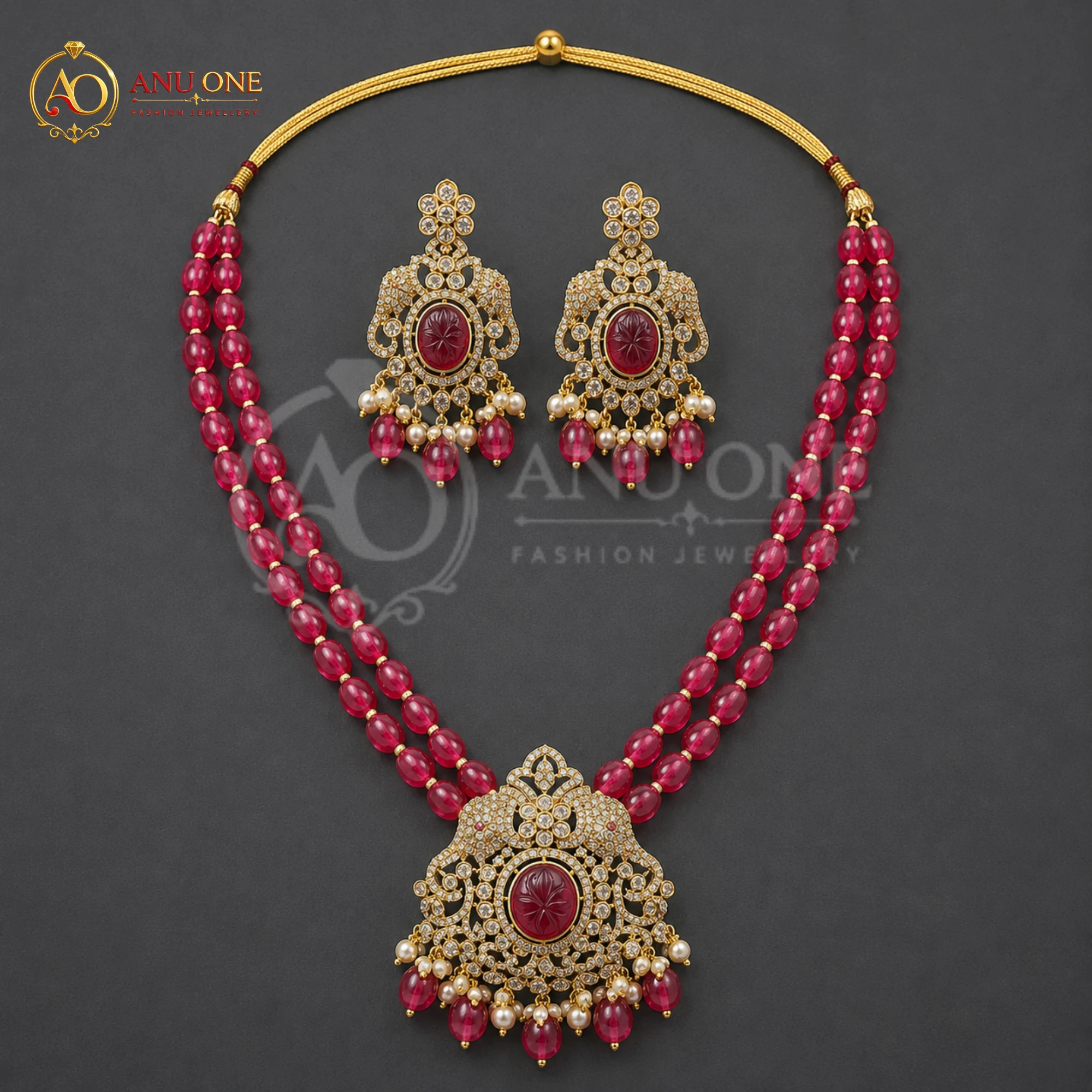 Ruby Red Beads Temple Necklace Set - Image 3