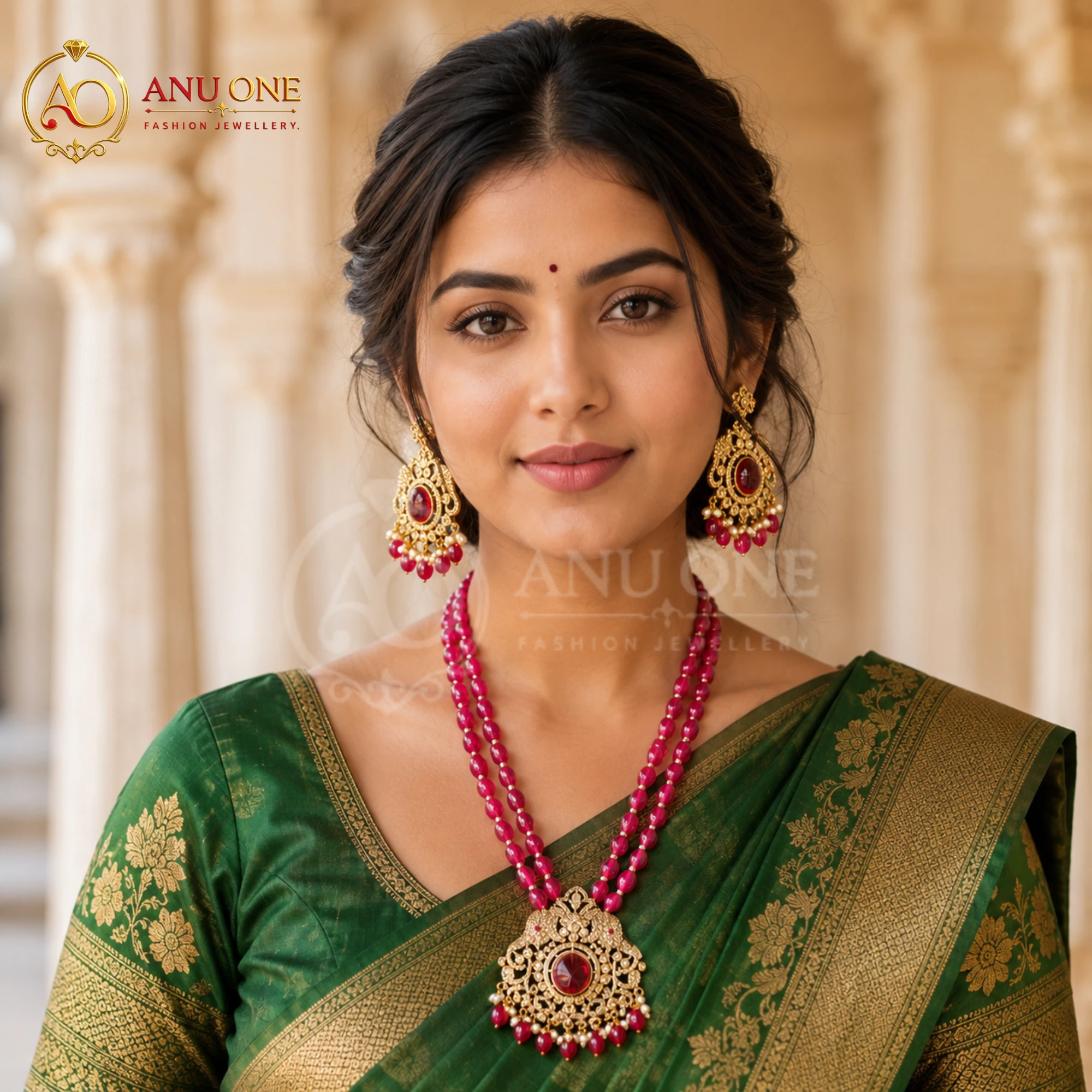 Ruby Red Beads Temple Necklace Set