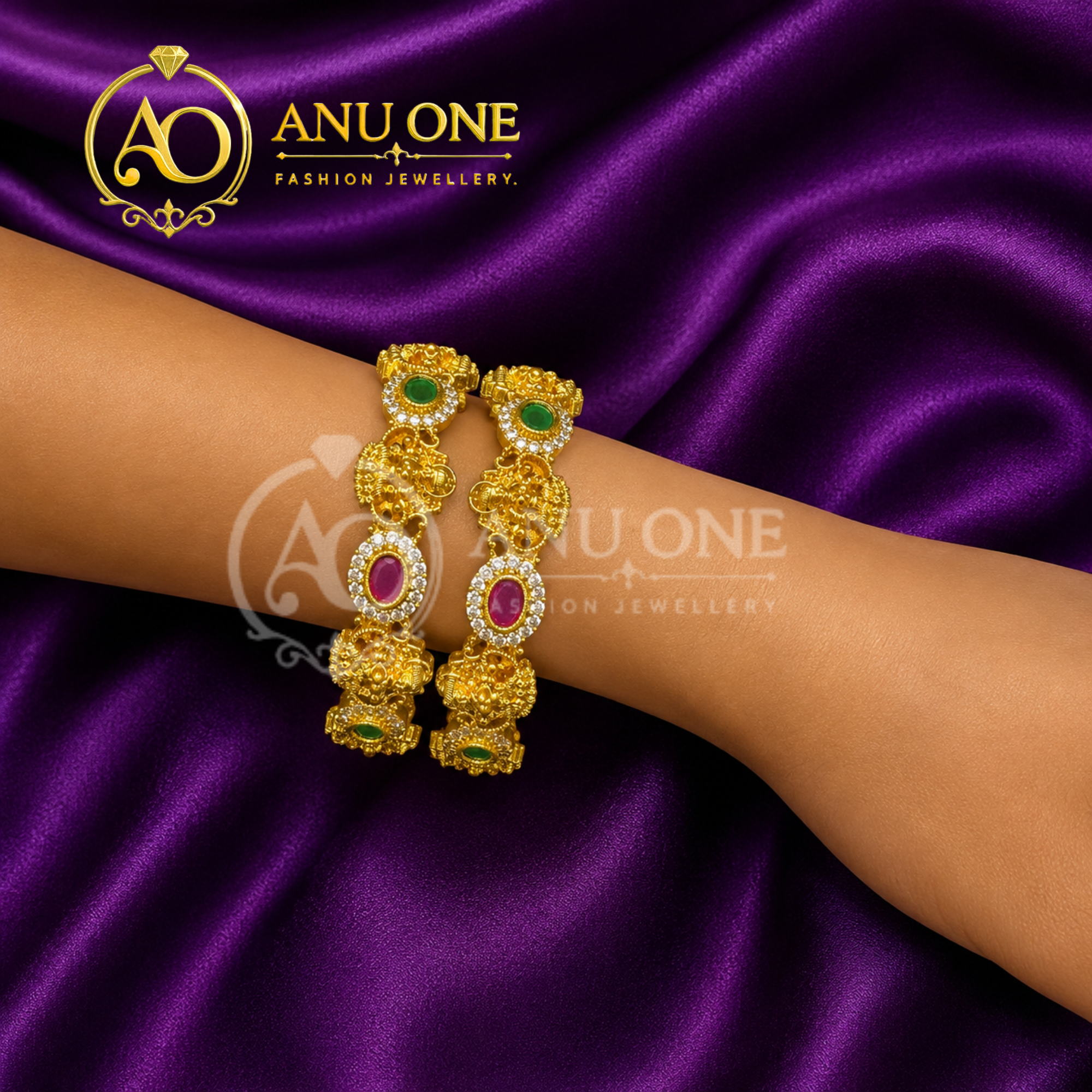 Antique Gold-Plated CZ Bangles with Ruby & Emerald Stones - Image 2