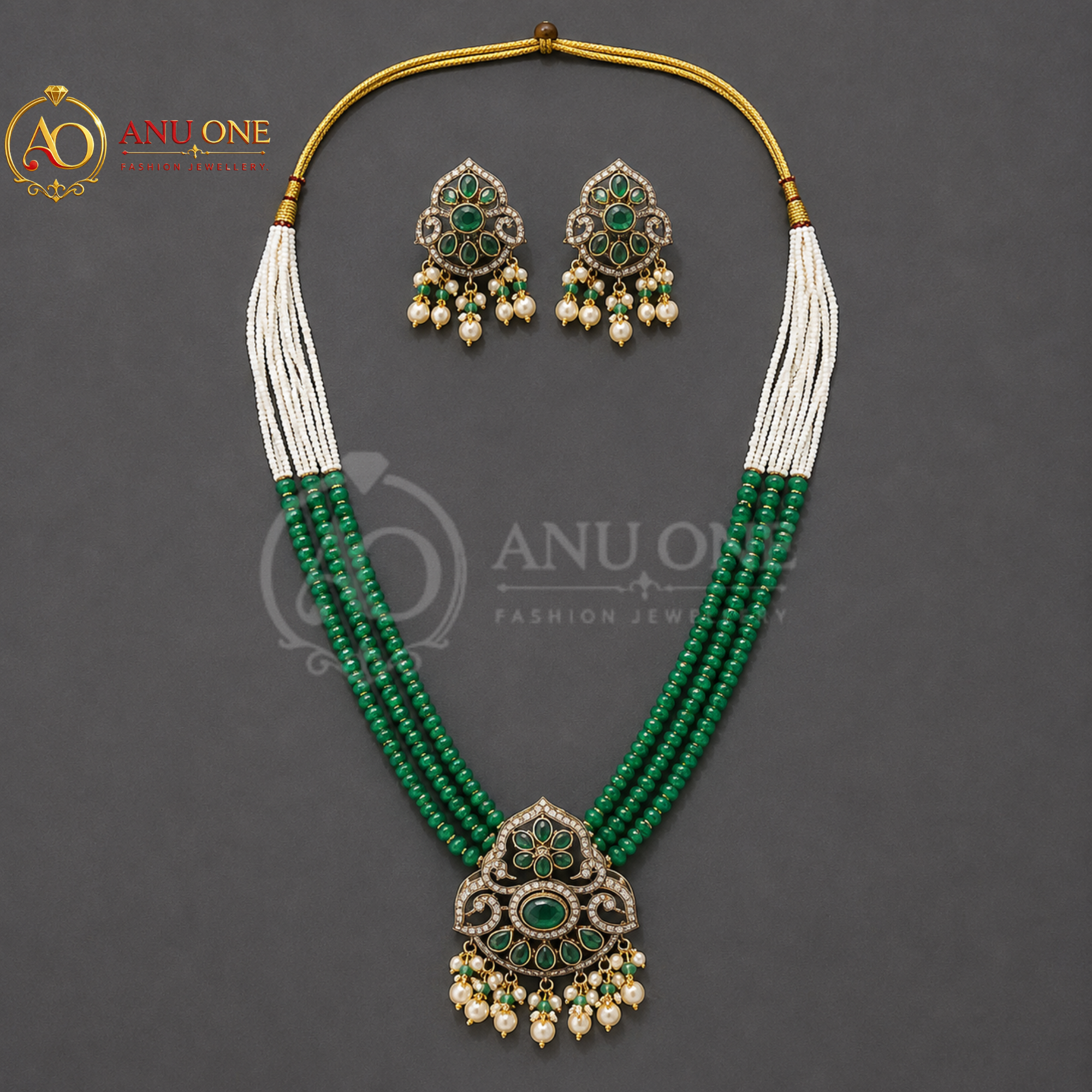 Green Beaded Kundan Necklace - Image 3