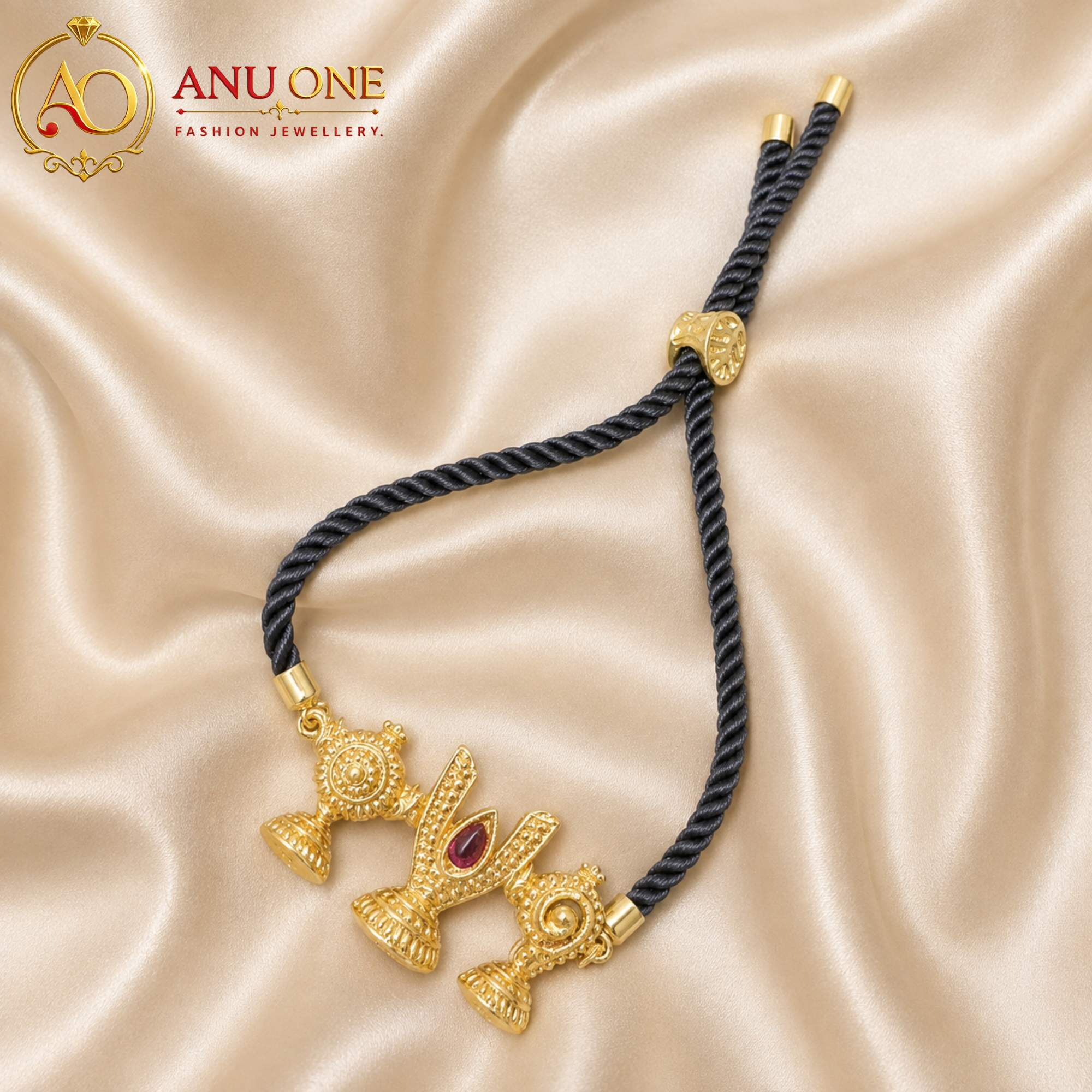 Traditional Gold-Tone Thirunamam Adjustable Black Thread Bracelet