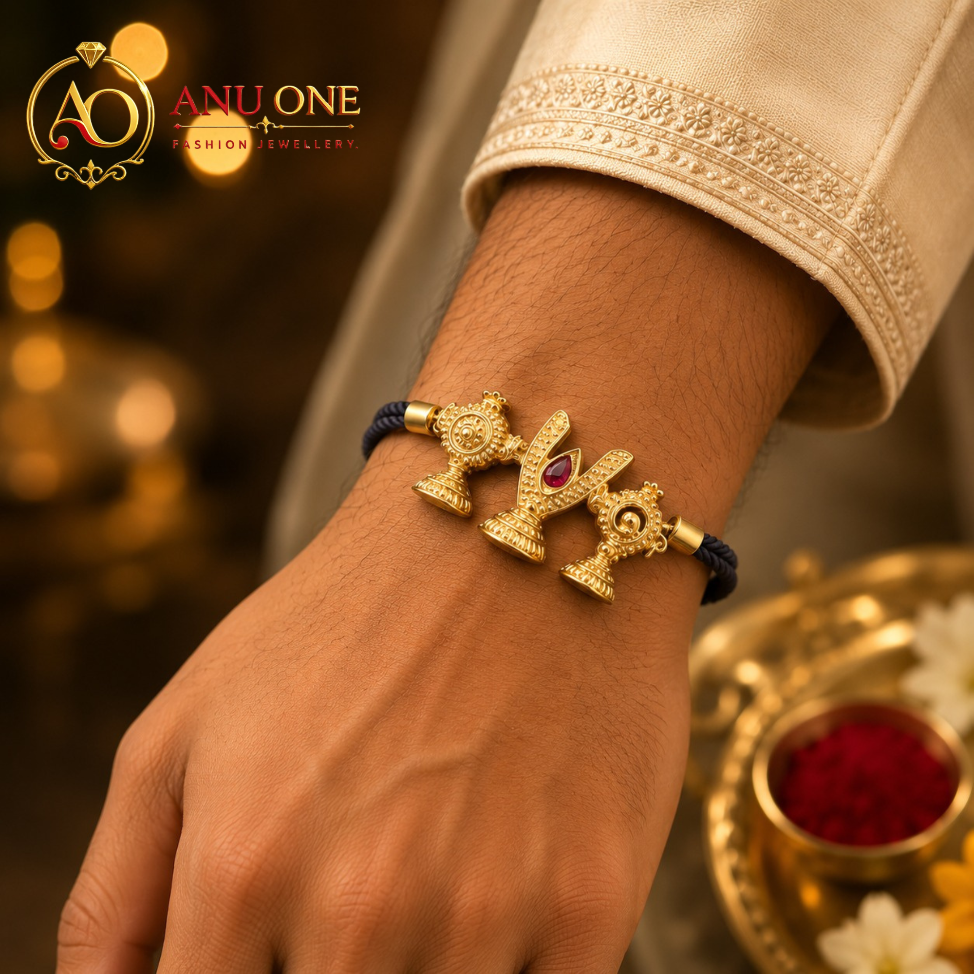 Traditional Gold-Tone Thirunamam Adjustable Black Thread Bracelet - Image 2