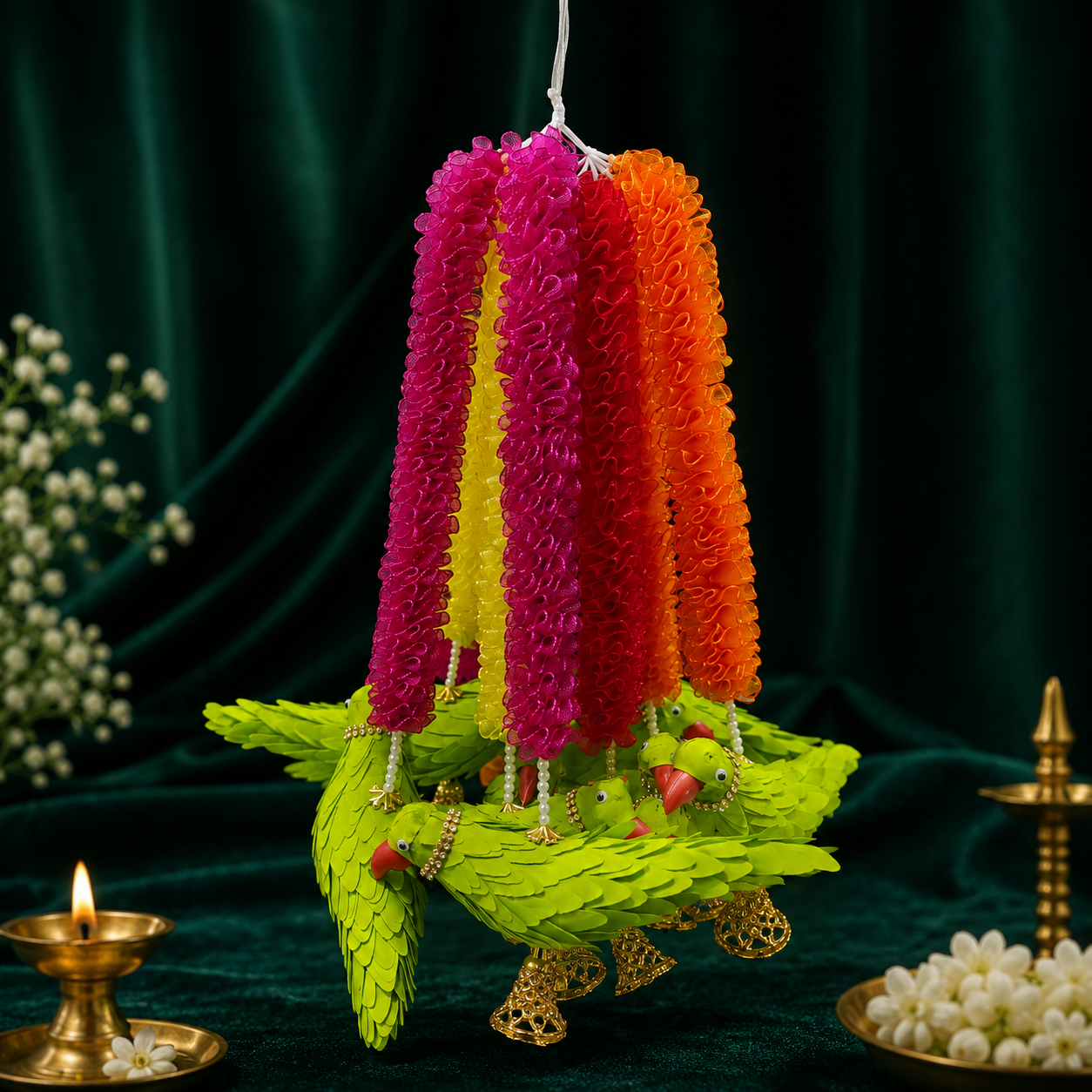 Multicolor Floral Garland with Traditional Green Parrot Hanging - Image 2