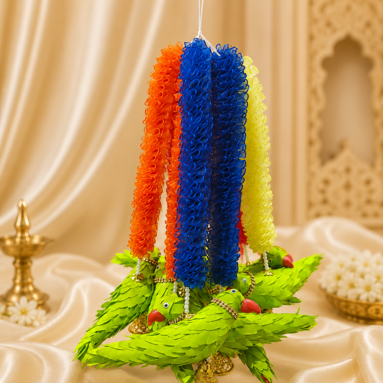 Multicolor Floral Garland with Traditional Green Parrot Hanging