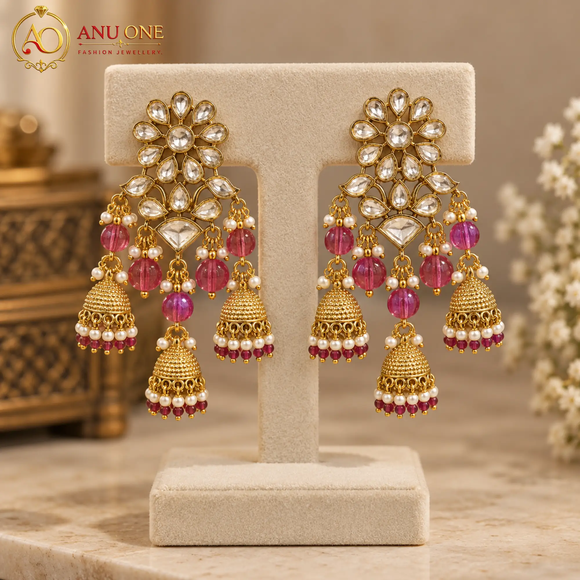 Kundan Floral Jhumka Earrings - Image 2