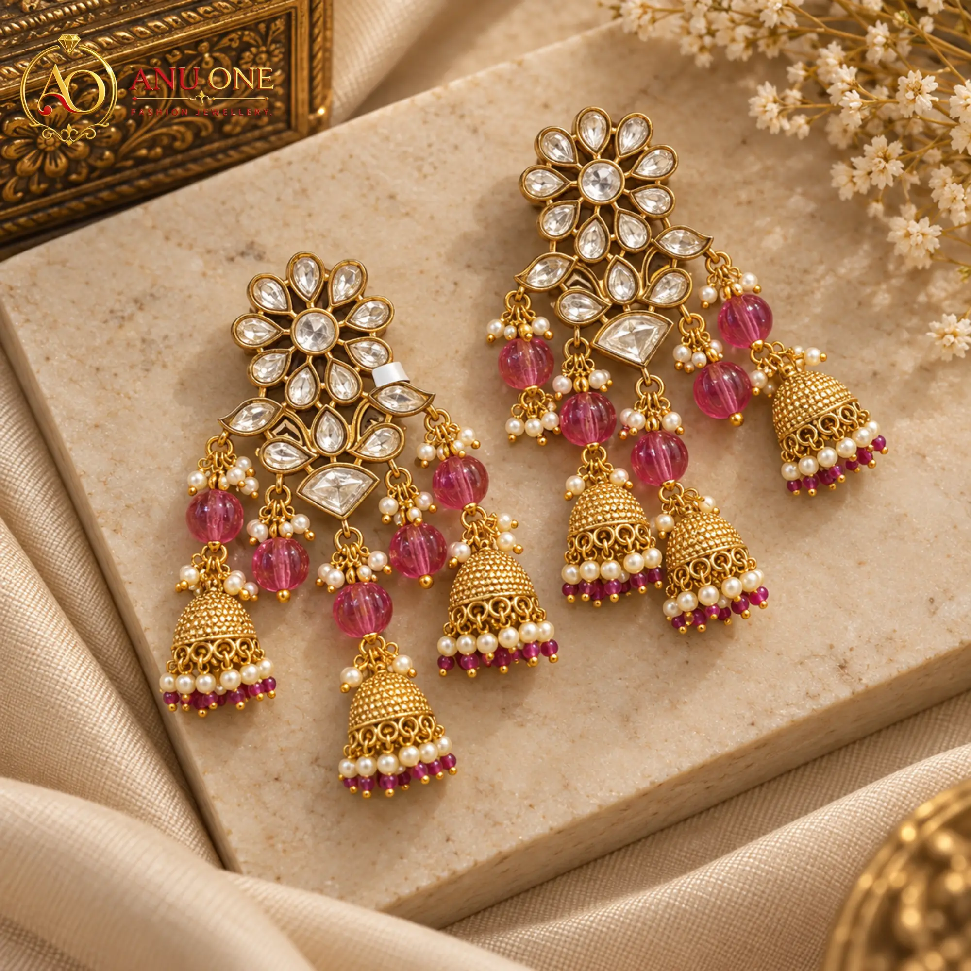 Kundan Floral Jhumka Earrings - Image 3