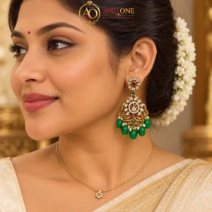 Peacock Kundan Earrings with Green Beads