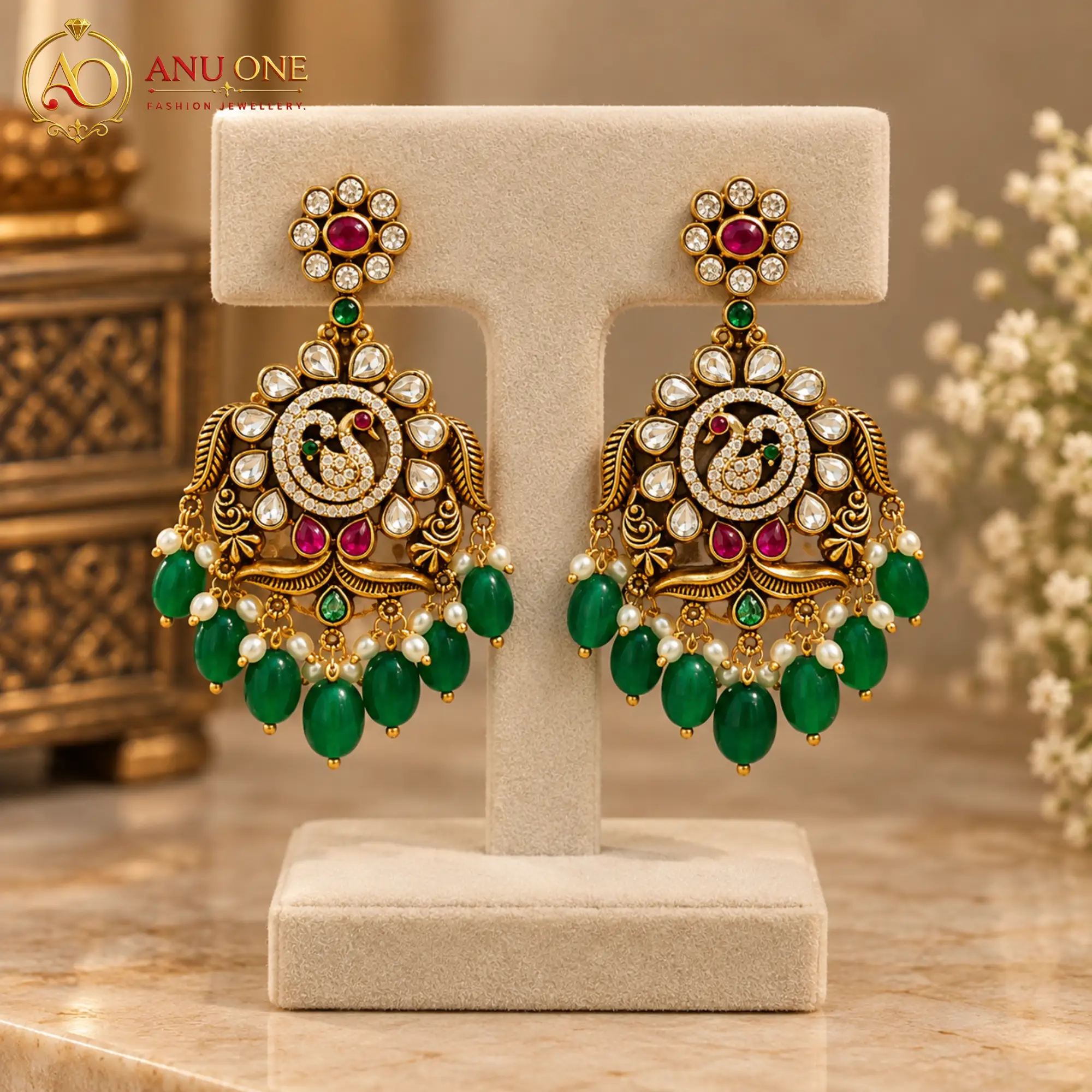 Peacock Kundan Earrings with Green Beads - Image 2