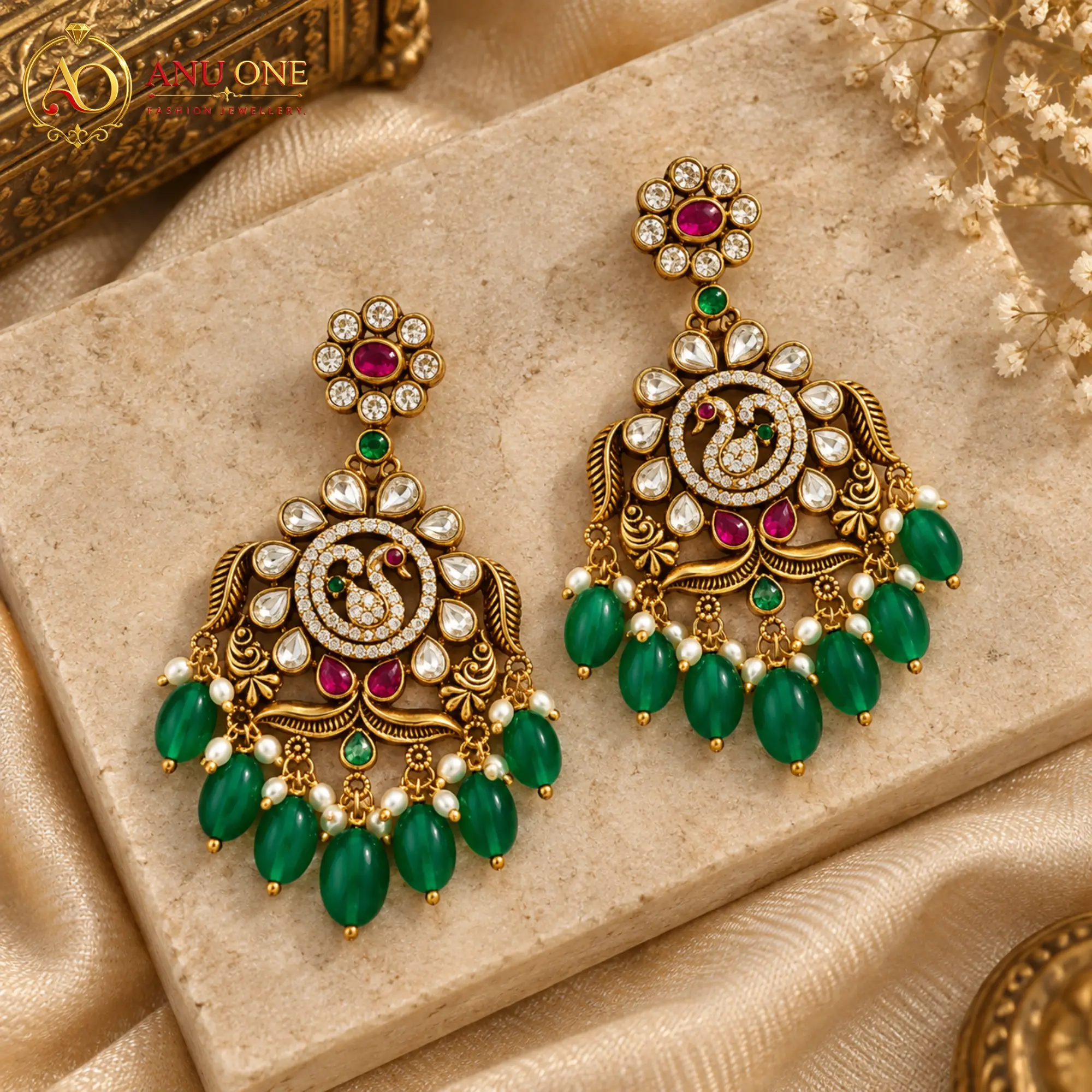 Peacock Kundan Earrings with Green Beads - Image 3