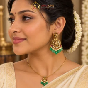 Lakshmi Devi Temple Earrings with Mint Green Beads
